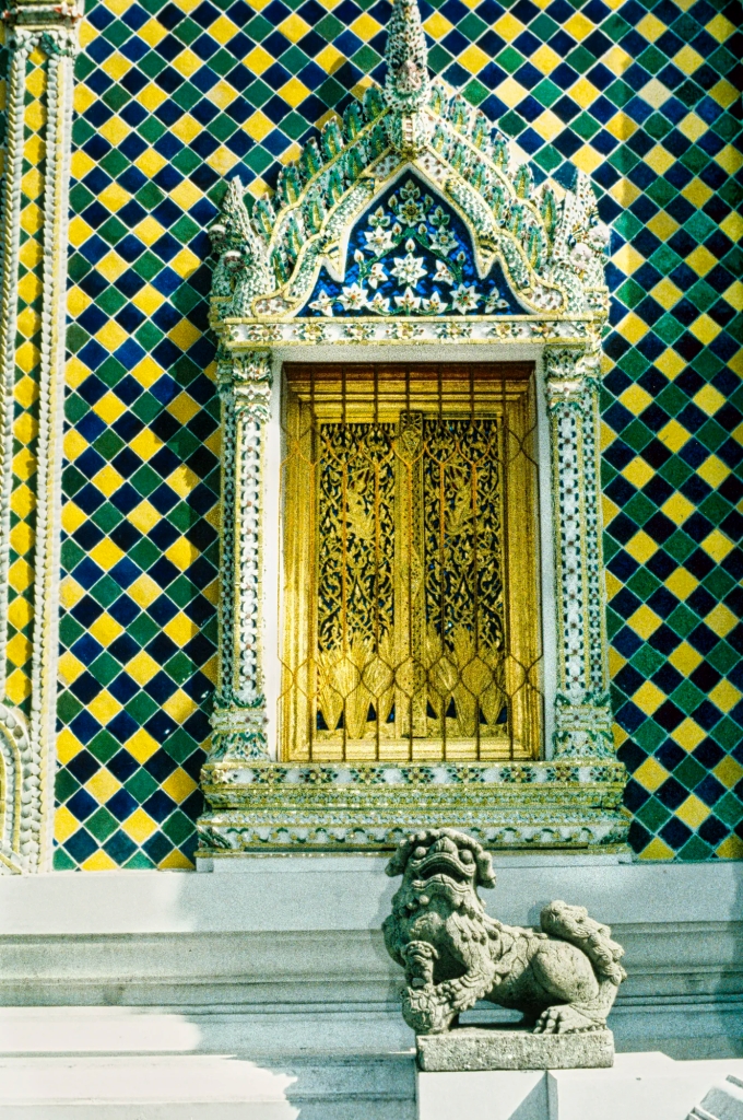 green and yellow tiles, gold door, Ho Phra Gandhararat, Grand Palace