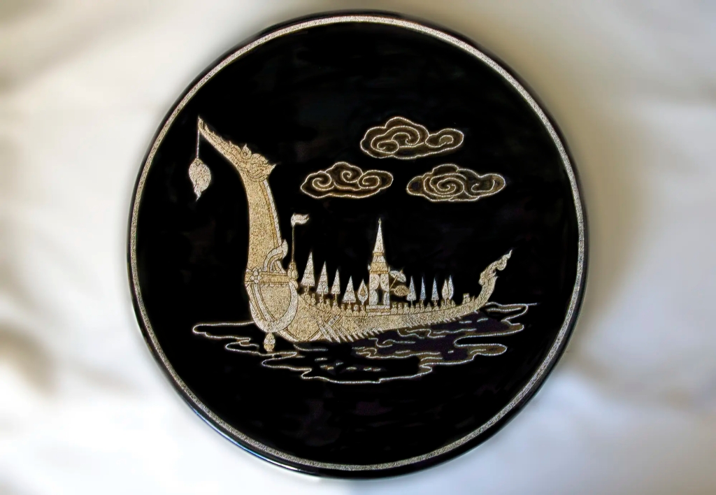 Thai Royal Barge, Eggshell on Black Lacquerware Plate