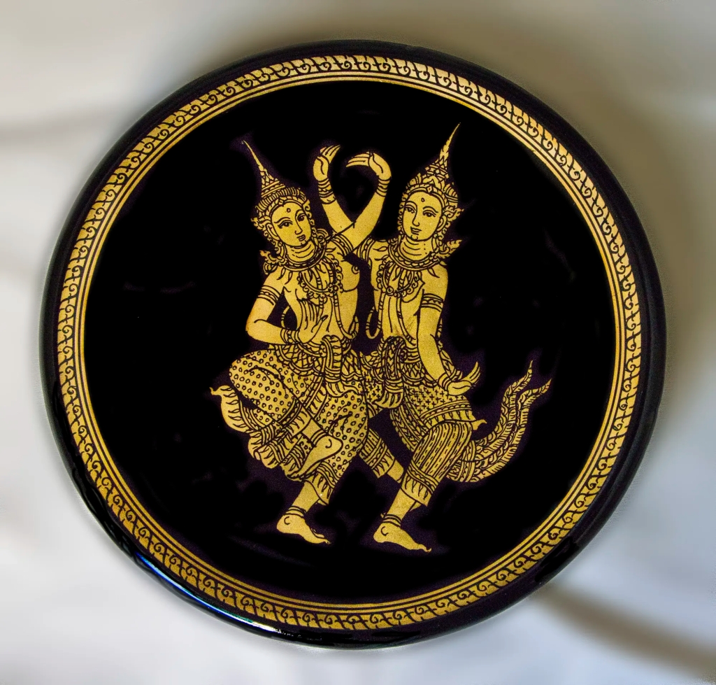 Thai Traditional Dancers, Gold on Black Lacquerware Plate