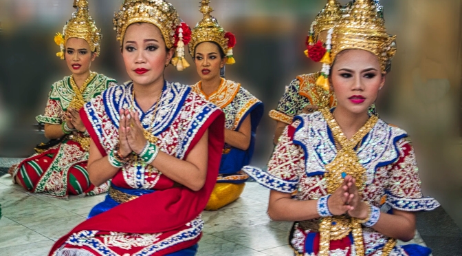 Classical Dancers in wai gesture, Erawan Shrine, Bangkok, TH