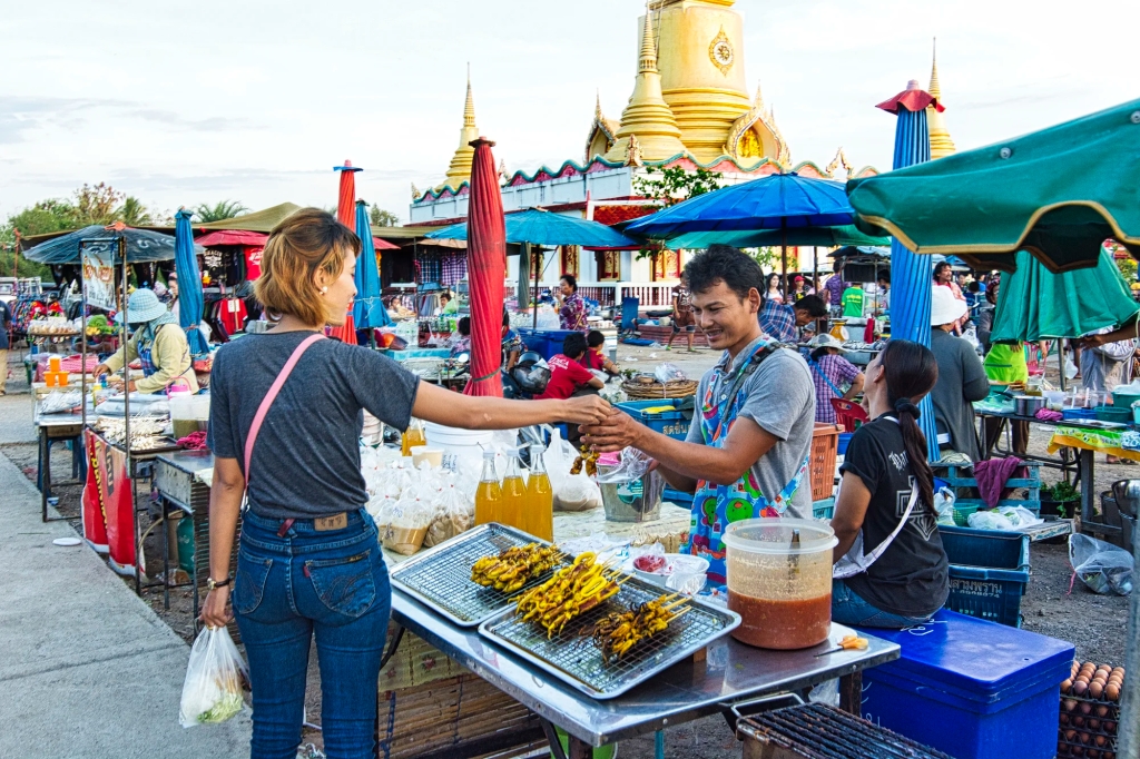 Market inside Monastery near Laem Phak Bia Project, Phetchaburi, Thailand
